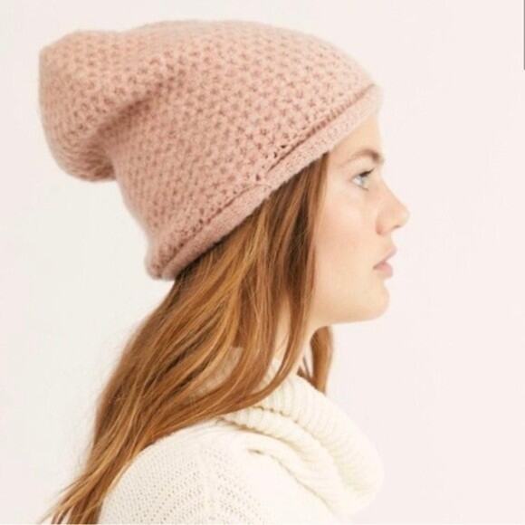 Free People Dreamland Knitted Beanie Pink Waffle Knit - Picture 1 of 5